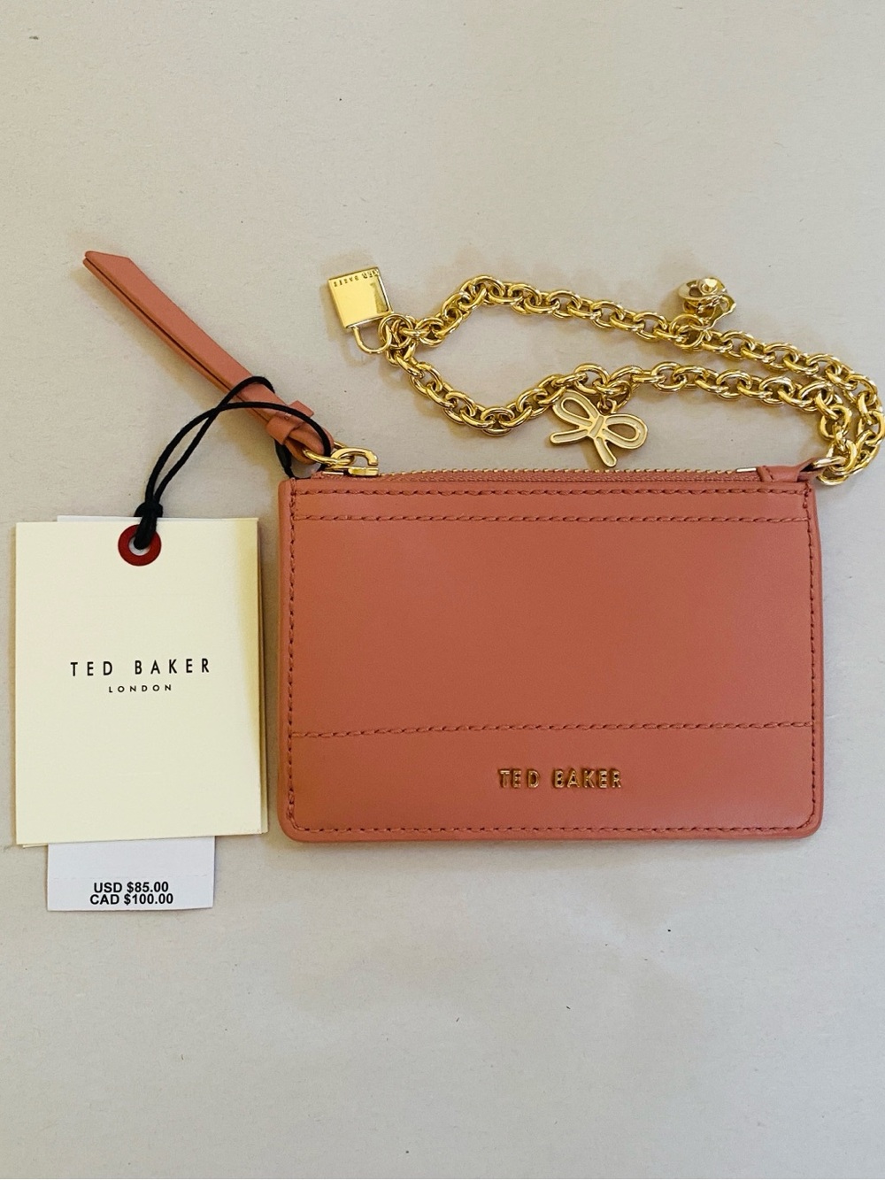 Ted Baker Leather Sutton Charm Wallet Coral Pink Card Holder with Gold Chain